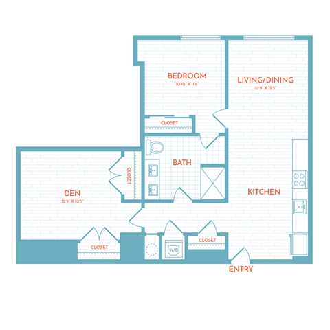 Floor plan for 2 beds, 1 bath, 829 sqft